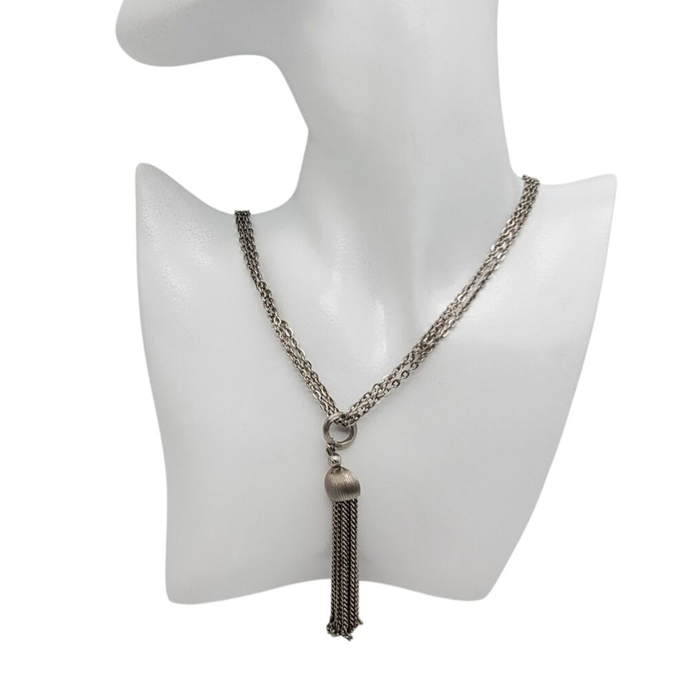 Silver Tone Tassel Pendant Necklace Triple Link Chain Vintage 1960s 23" Long